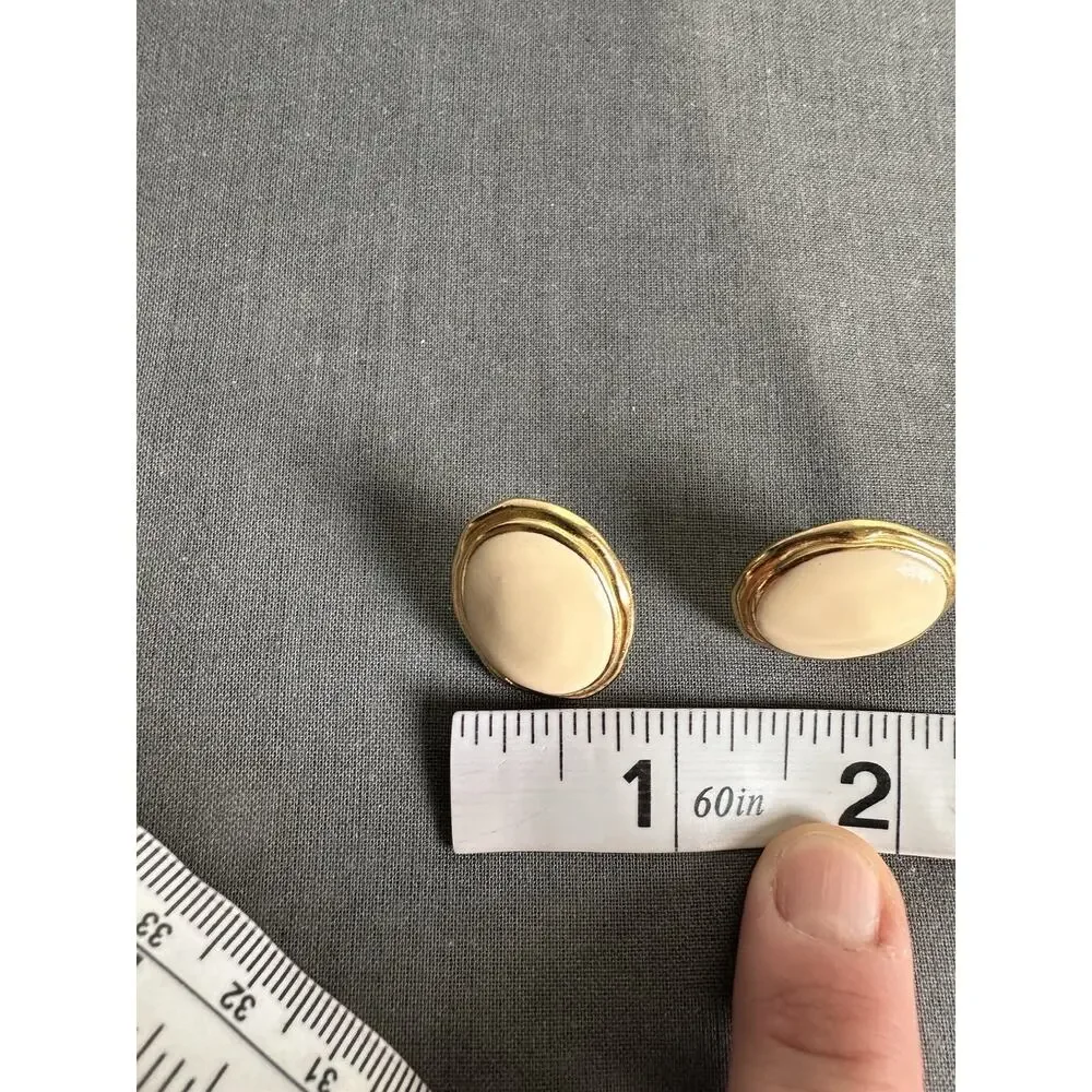Vintage Trifari Post Back Earrings Cream Oval Enamel Gold Tone Metal